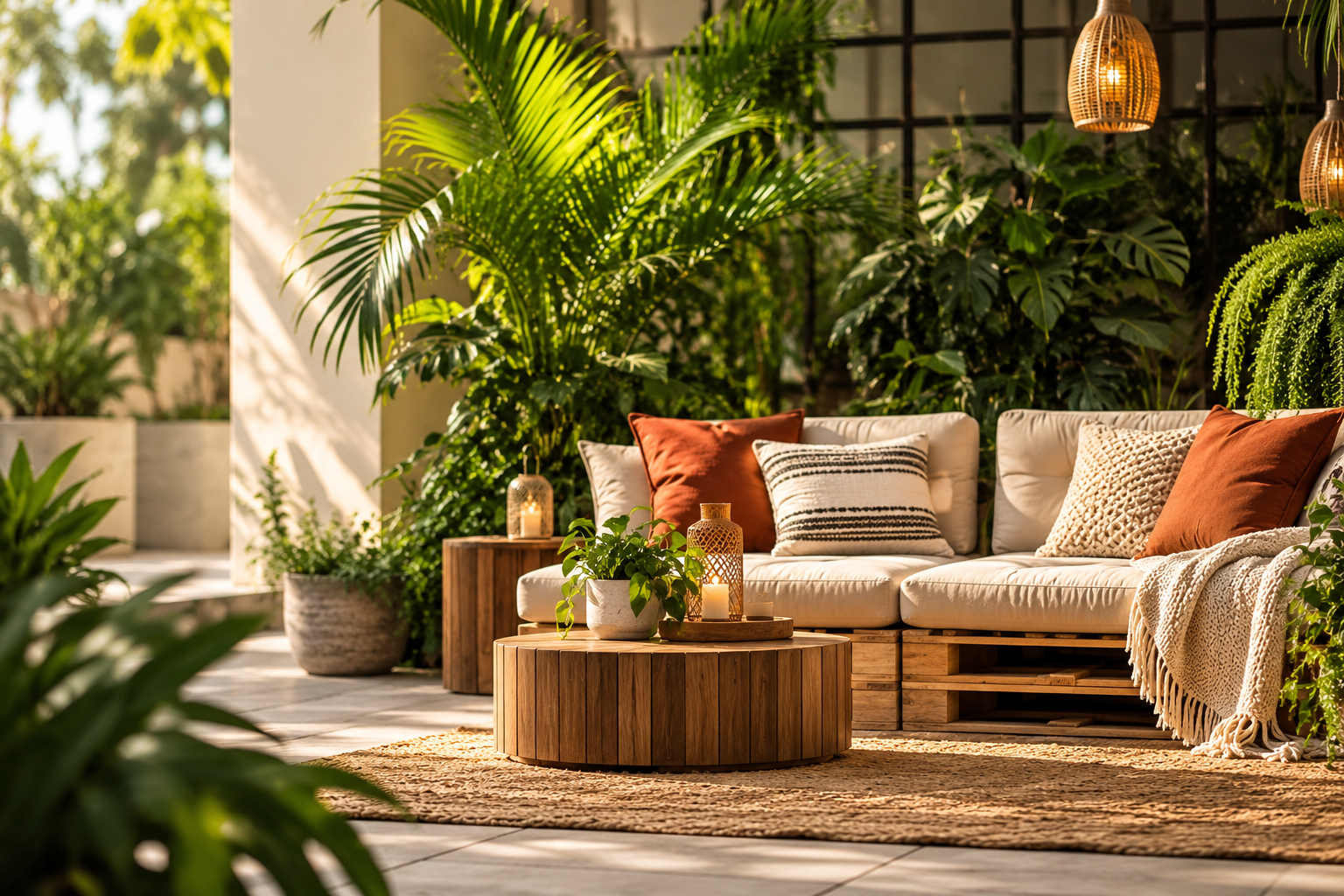 sunlit boho garden lounge